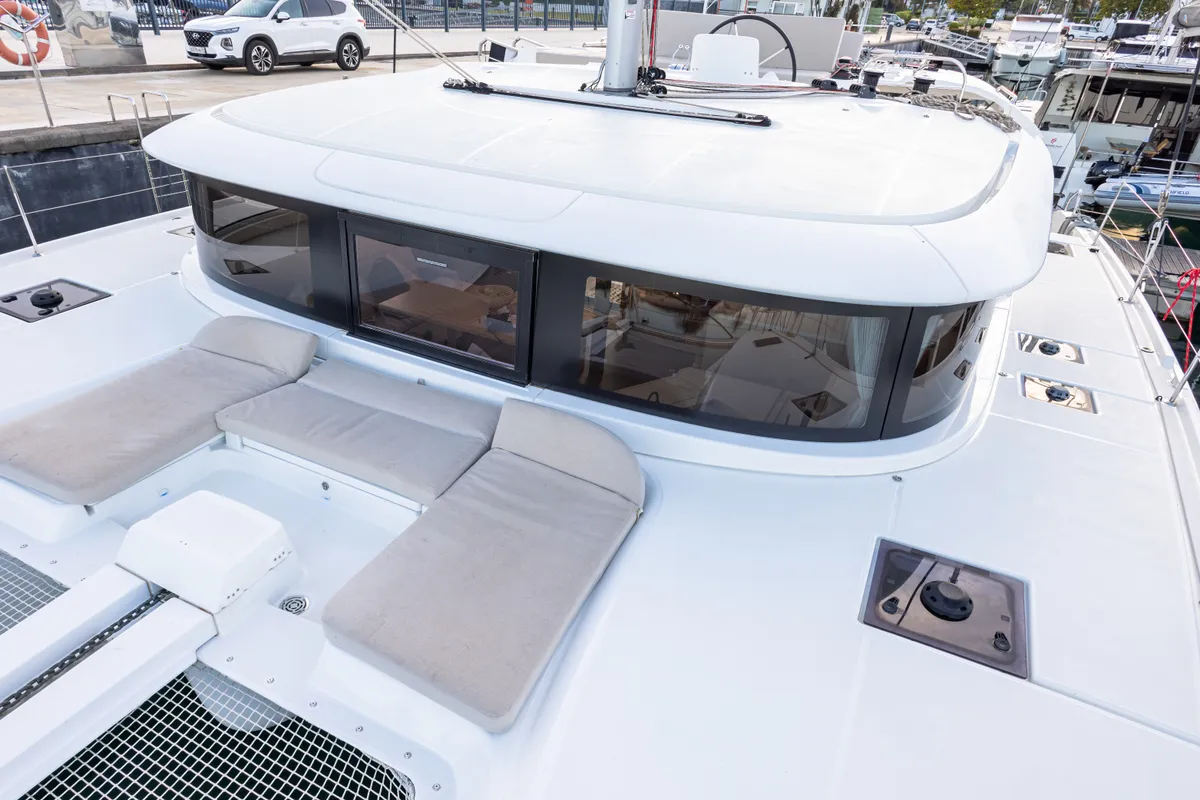 Deck of St. Tatiana, a Lagoon 46 catamaran at Tivat, Montenegro