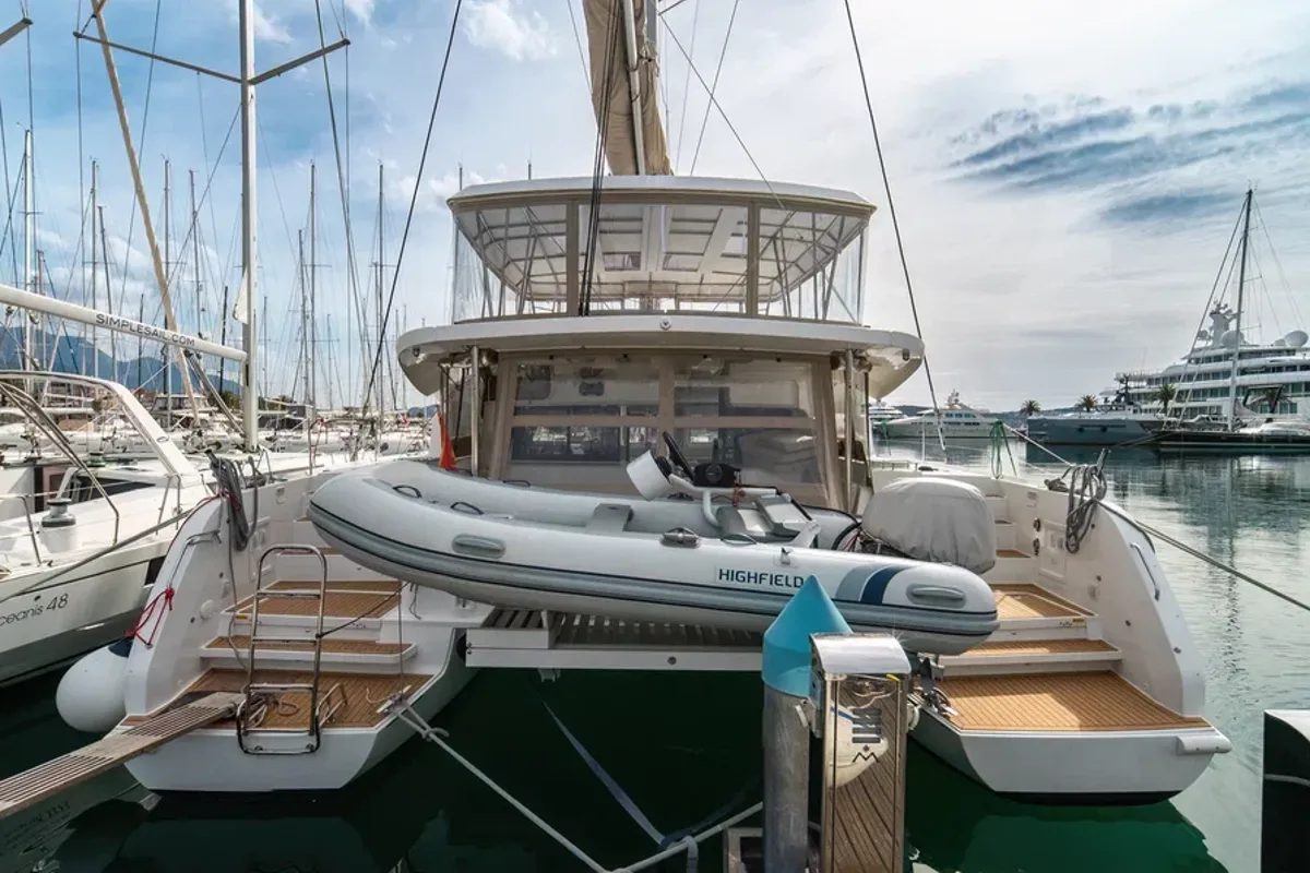 Exterior view of St. Tatiana, a Lagoon 46 catamaran at Tivat, Montenegro
