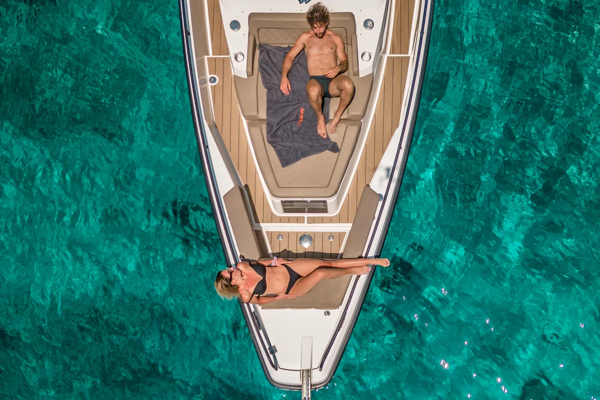 Exterior view of Premium, a Axopar 37 Sun Top motorboat at Chania, Greece