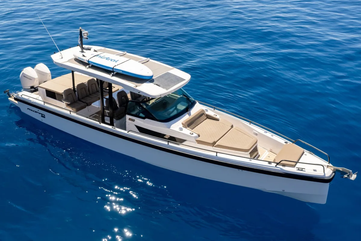 Exterior view of Premium, a Axopar 37  Sun Top motorboat at Chania, Greece