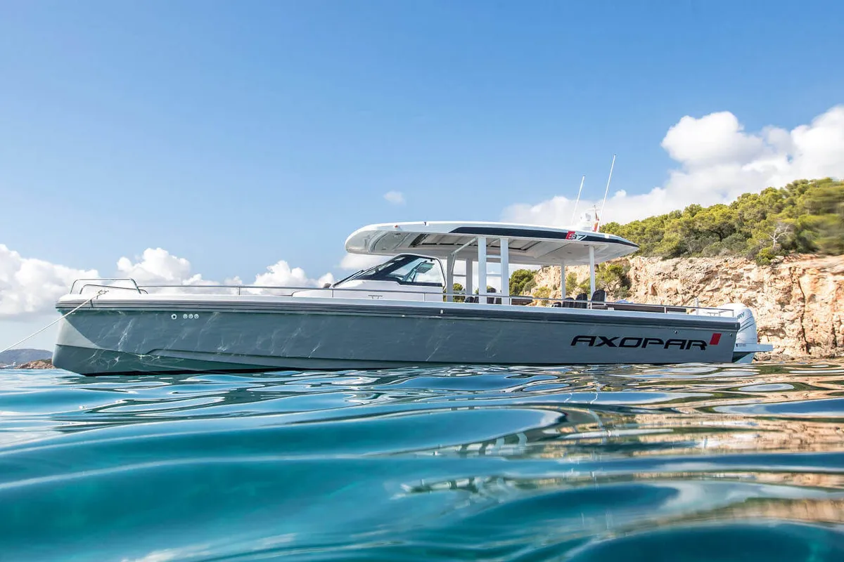 Exterior view of Premium, a Axopar 37  Sun Top motorboat at Chania, Greece