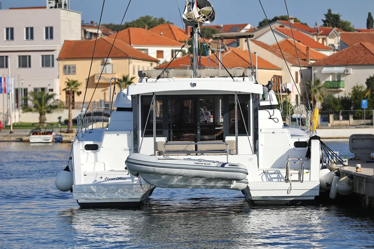 Exterior view of Ocean Office, a Bali Catspace catamaran at Grad Trogir, Croatia