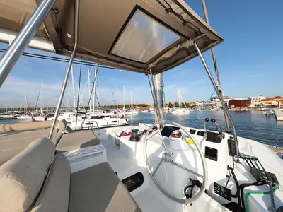 Cockpit of Ocean Office, a Bali Catspace catamaran at Grad Trogir, Croatia
