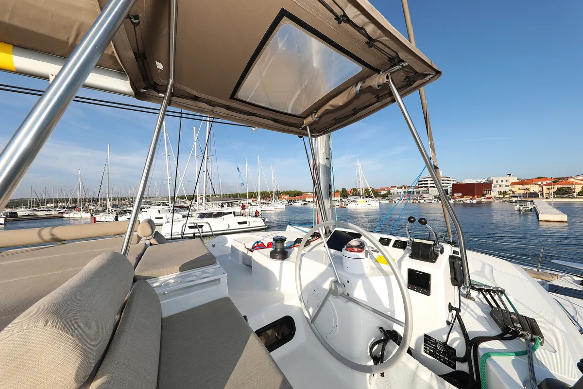 Cockpit of Ocean Office, a Bali Catspace catamaran at Grad Trogir, Croatia