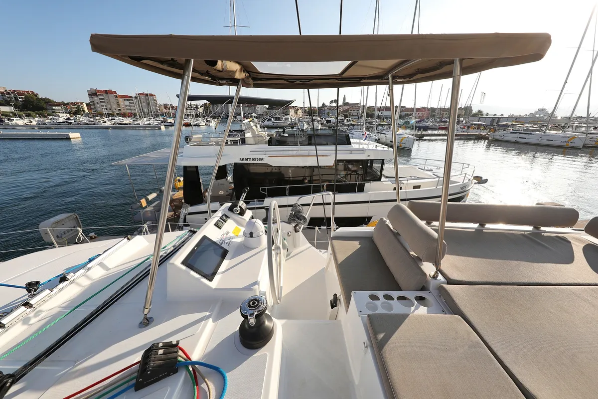 Cockpit of Ocean Office, a Bali Catspace catamaran at Grad Trogir, Croatia