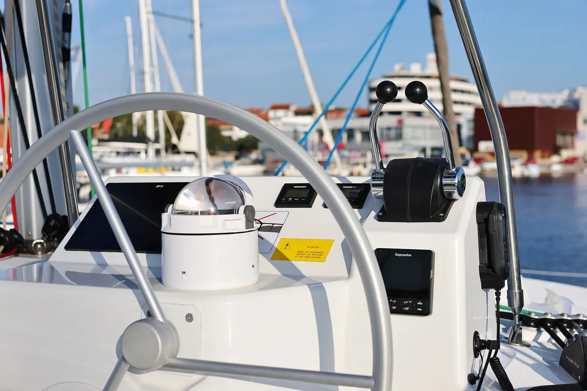 Cockpit of Ocean Office, a Bali Catspace catamaran at Grad Trogir, Croatia
