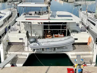 Deck of Moonlight, a Lagoon 42 catamaran at Grad Pula, Croatia