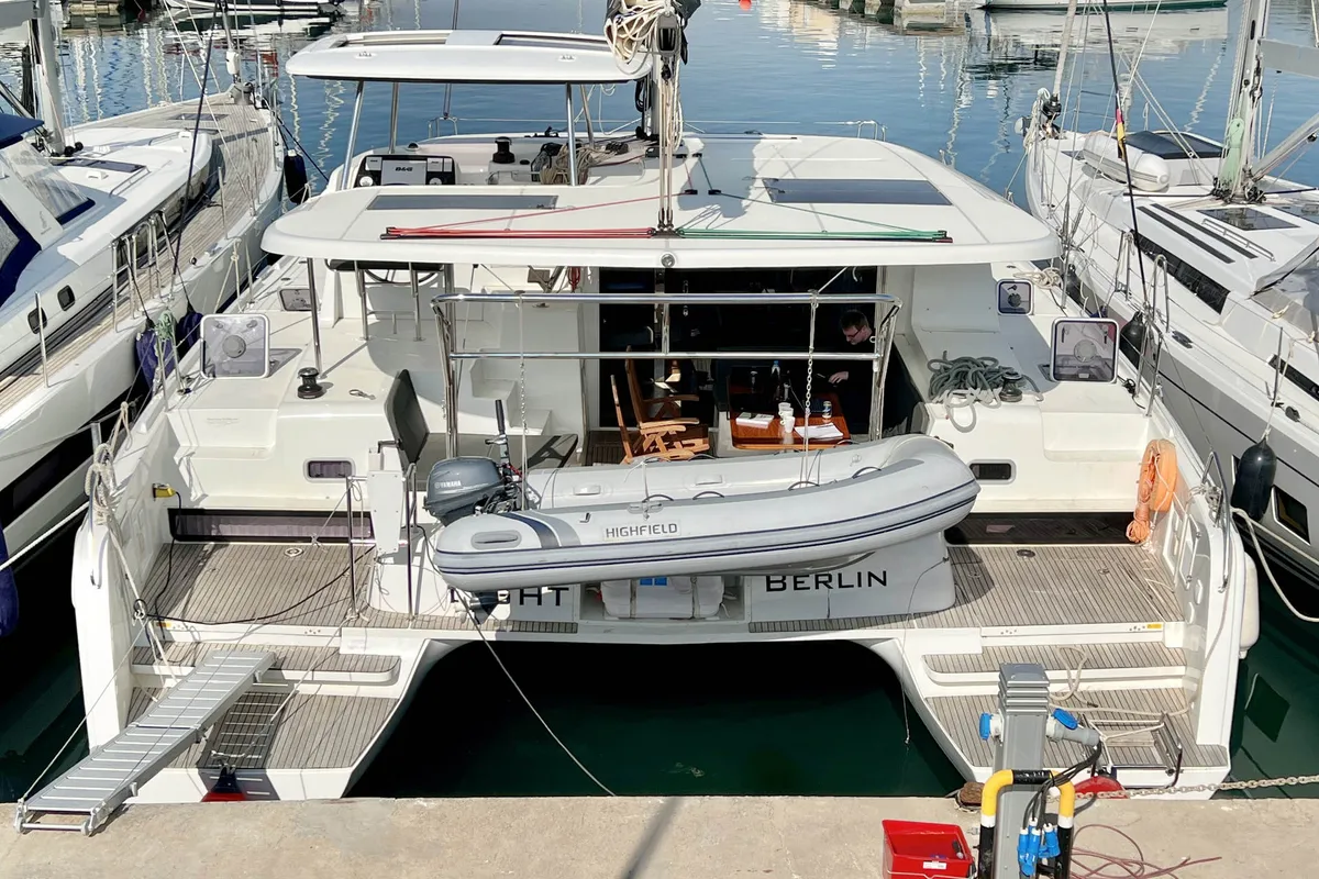 Deck of Moonlight, a Lagoon 42 catamaran at Grad Pula, Croatia