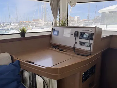 Cockpit of Moonlight, a Lagoon 42 catamaran at Grad Pula, Croatia