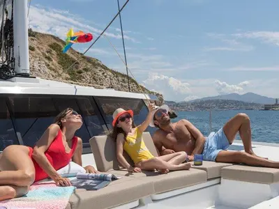 Deck of Fortunata, a Fountaine Pajot Astrea 42 catamaran at Road Town, British Virgin Islands