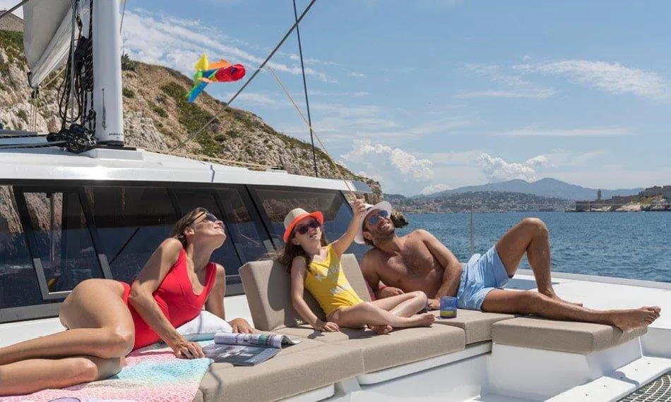 Deck of Fortunata, a Fountaine Pajot Astrea 42 catamaran at Road Town, British Virgin Islands
