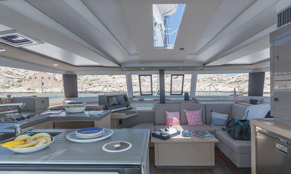 Salon of Fortunata, a Fountaine Pajot Astrea 42 catamaran at Road Town, British Virgin Islands