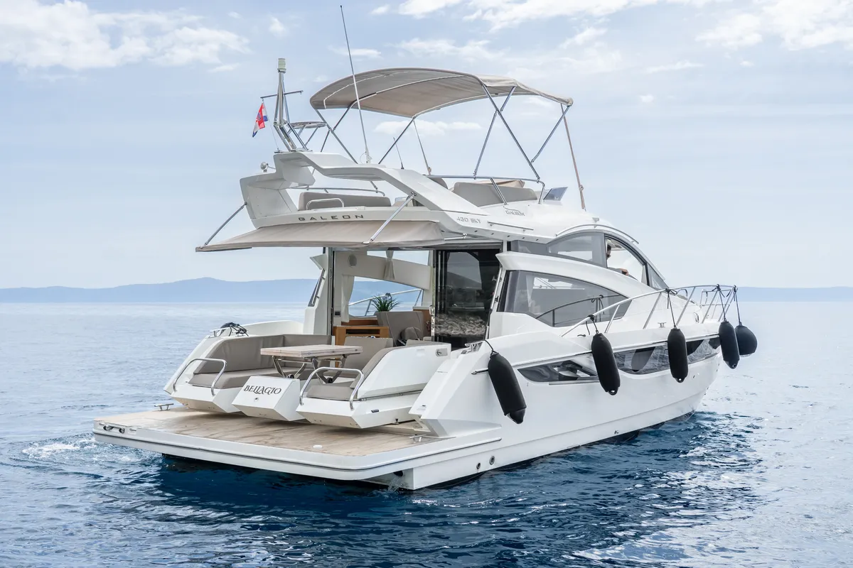 Bellagio, a Galeon 430 Skydeck motorboat at Makarska, Croatia