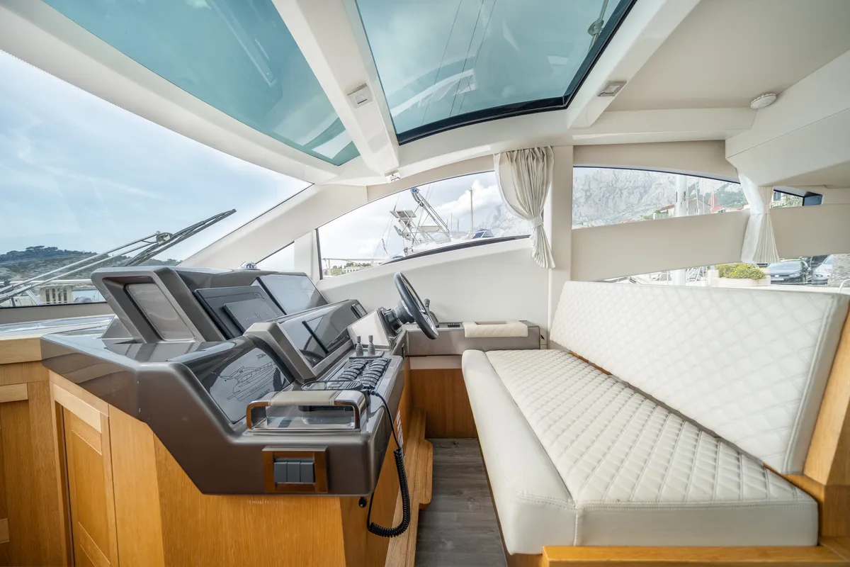 Bellagio, a Galeon 430 Skydeck motorboat at Makarska, Croatia