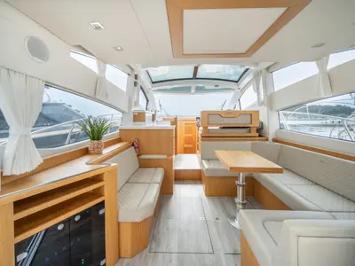 Bellagio, a Galeon 430 Skydeck motorboat at Makarska, Croatia