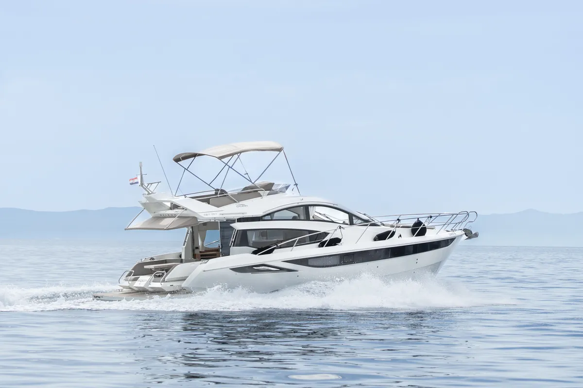 Bellagio, a Galeon 430 Skydeck motorboat at Makarska, Croatia