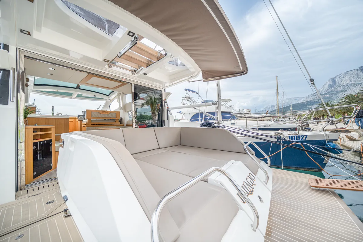 Bellagio, a Galeon 430 Skydeck motorboat at Makarska, Croatia