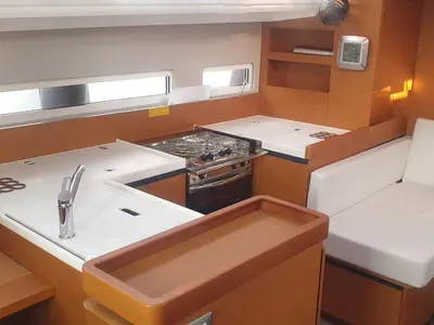 Galley of The song is you, a Jeanneau Sun Odyssey 410 sailboat at Tropea, Italy