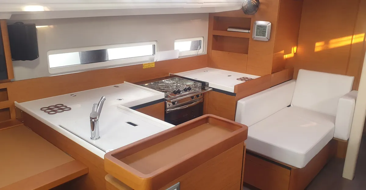 Galley of The song is you, a Jeanneau Sun Odyssey 410 sailboat at Tropea, Italy