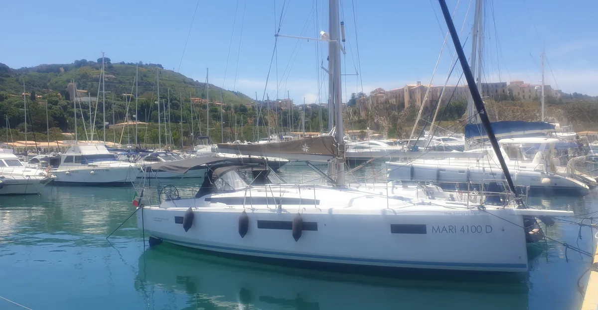 Exterior view of The song is you, a Jeanneau Sun Odyssey 410 sailboat at Tropea, Italy