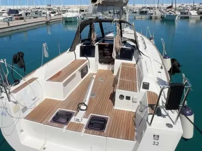 Deck of Silvia, a Dufour 32 sailboat at Tonnarella, Italy