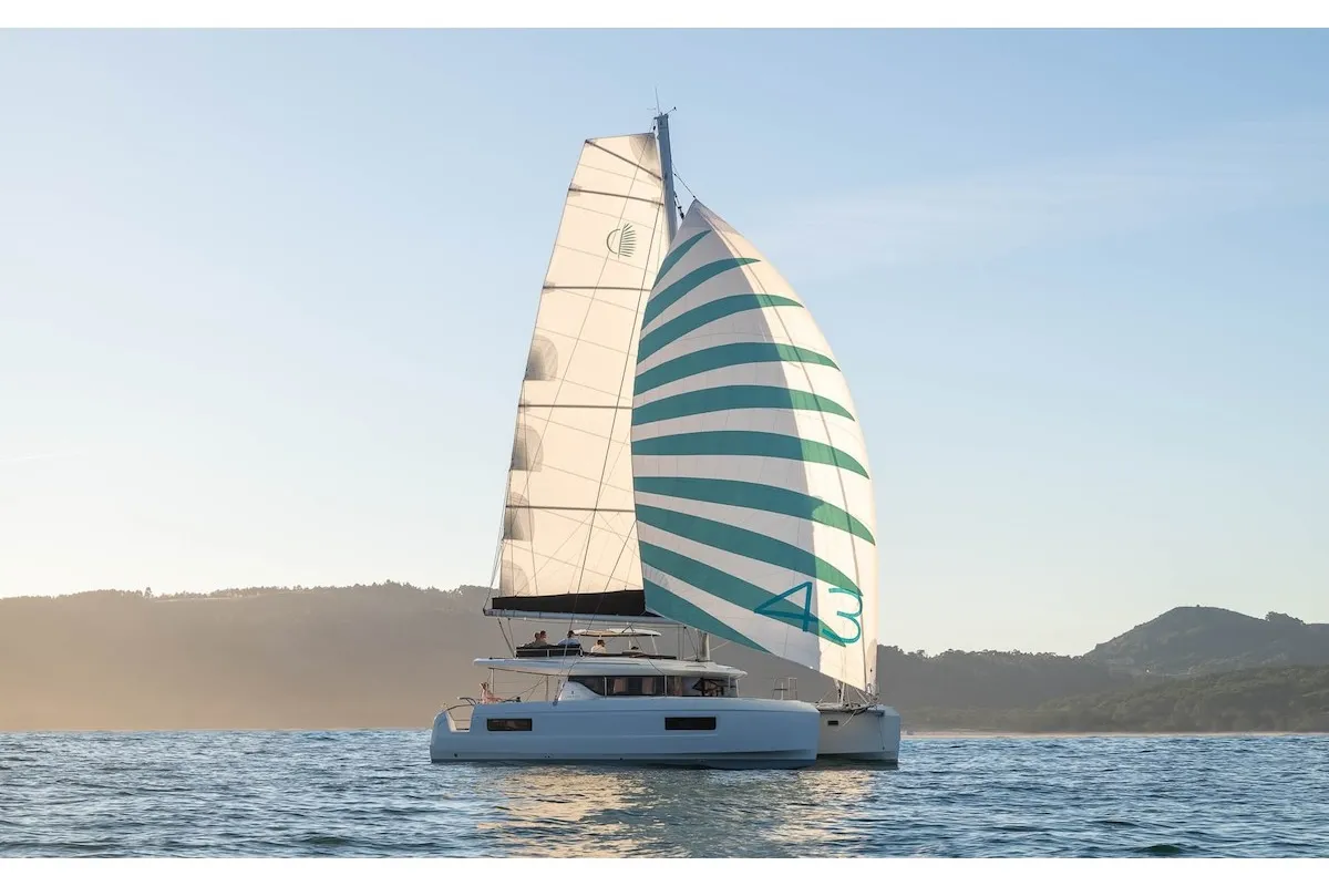 Exterior view of Olandese Volante, a Lagoon 43 catamaran at Olbia, Italy