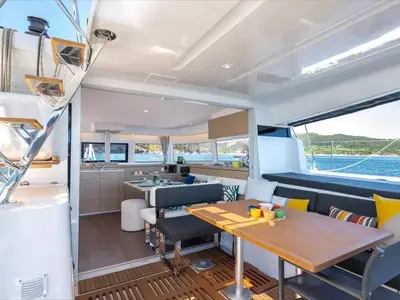 Salon of Olandese Volante, a Lagoon 43 catamaran at Olbia, Italy