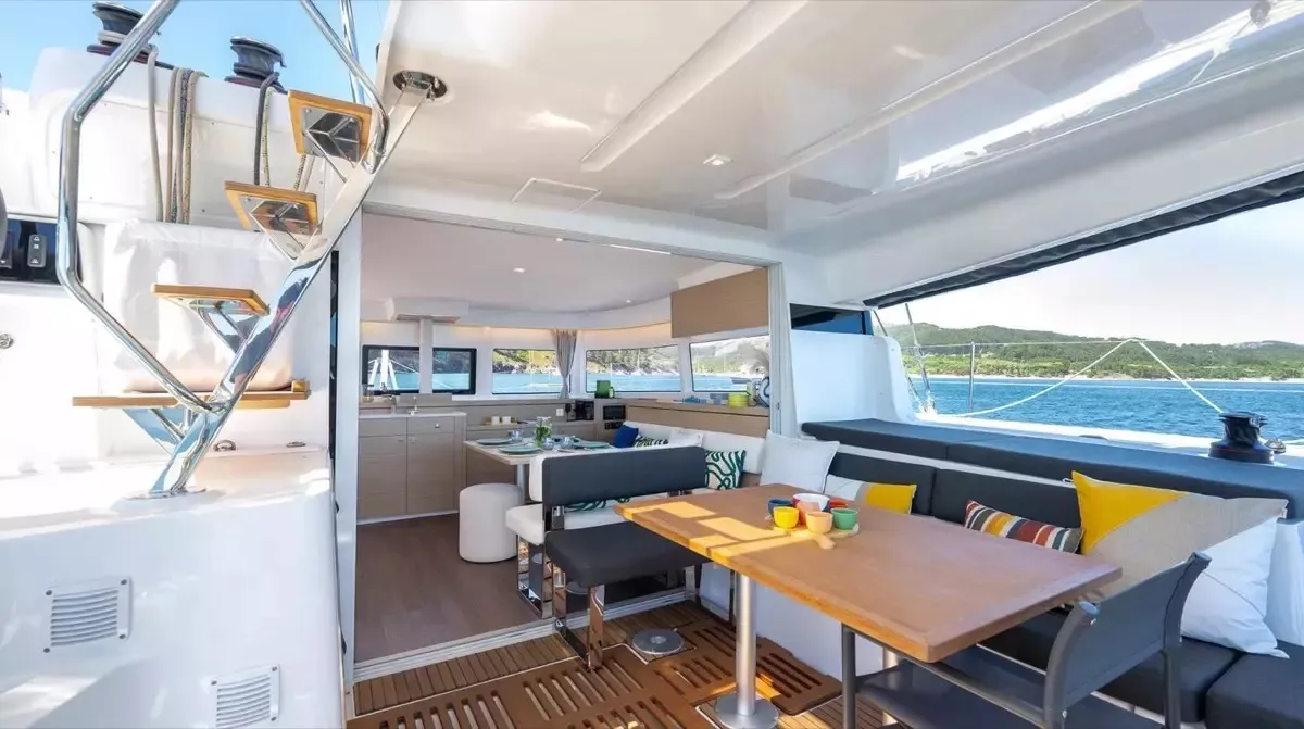 Salon of Olandese Volante, a Lagoon 43 catamaran at Olbia, Italy