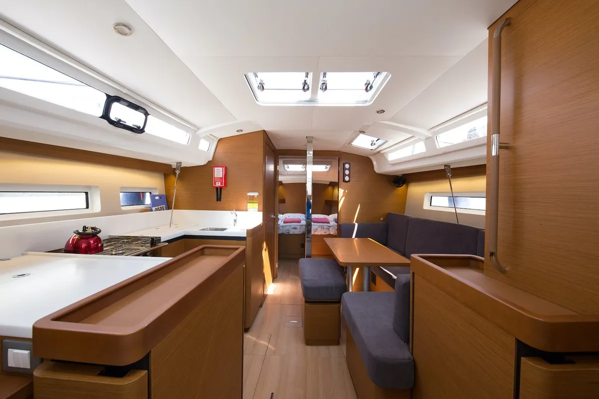Salon of Suncity 4, a Jeanneau Sun Odyssey 440 sailboat at Fethiye, Turkey