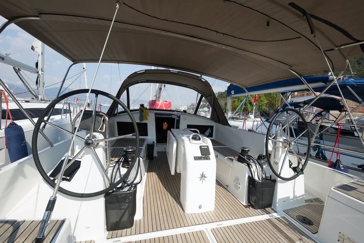 Cockpit of Suncity 4, a Jeanneau Sun Odyssey 440 sailboat at Fethiye, Turkey