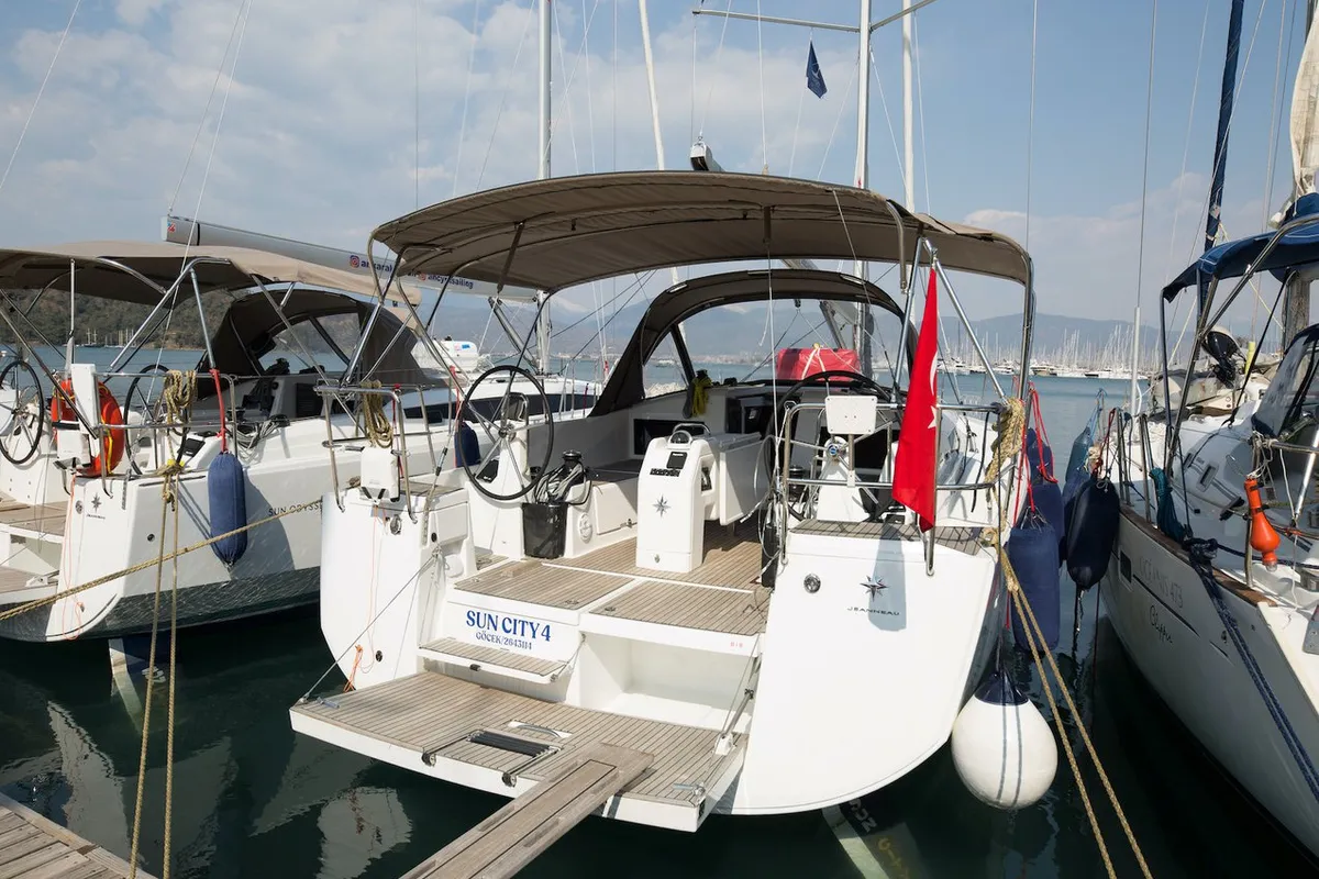 Exterior view of Suncity 4, a Jeanneau Sun Odyssey 440 sailboat at Fethiye, Turkey