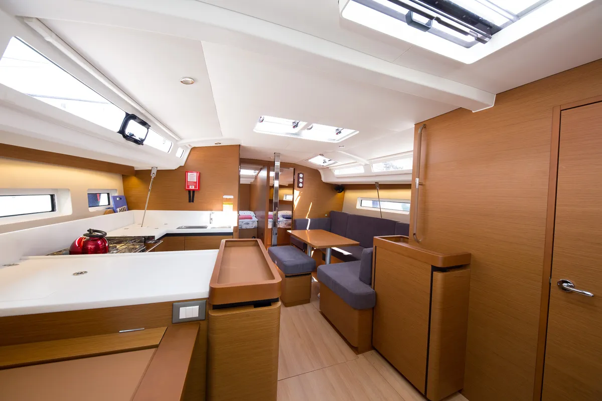 Salon of Suncity 4, a Jeanneau Sun Odyssey 440 sailboat at Fethiye, Turkey