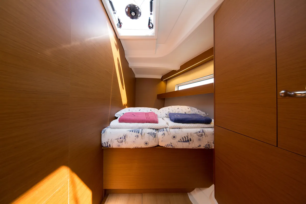 Cabin on Suncity 4, a Jeanneau Sun Odyssey 440 sailboat at Fethiye, Turkey