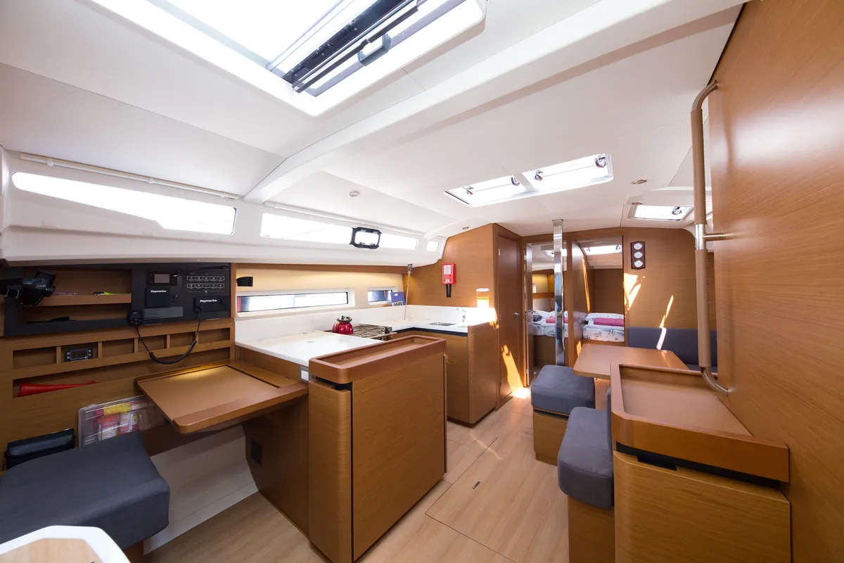 Salon of Suncity 4, a Jeanneau Sun Odyssey 440 sailboat at Fethiye, Turkey