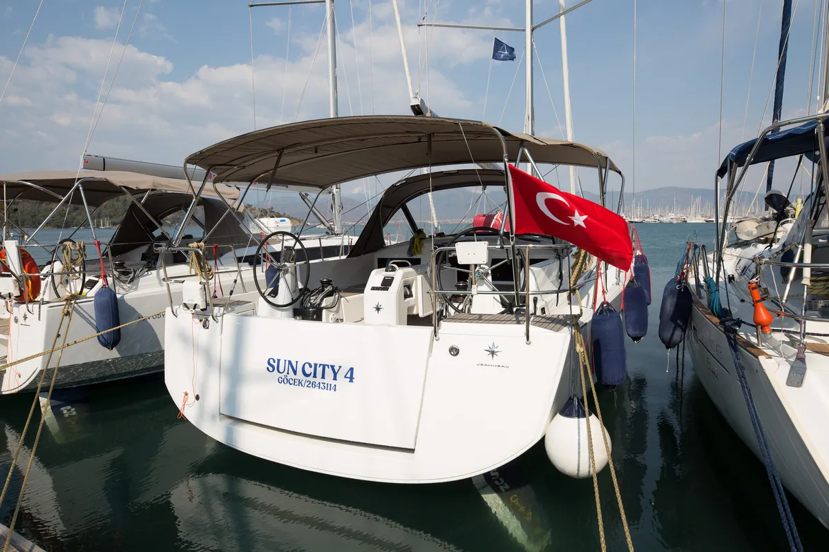 Exterior view of Suncity 4, a Jeanneau Sun Odyssey 440 sailboat at Fethiye, Turkey