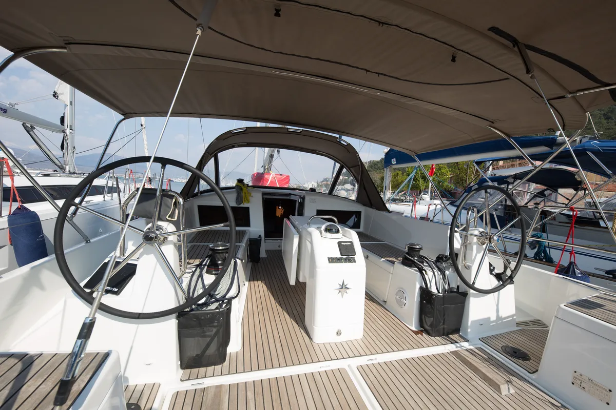 Cockpit of Suncity 4, a Jeanneau Sun Odyssey 440 sailboat at Fethiye, Turkey