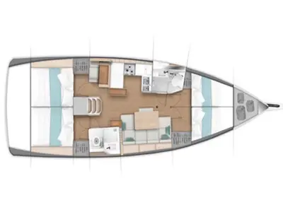Floor plan of Ikalos, a Jeanneau Sun Odyssey 440 sailboat at Athens, Greece