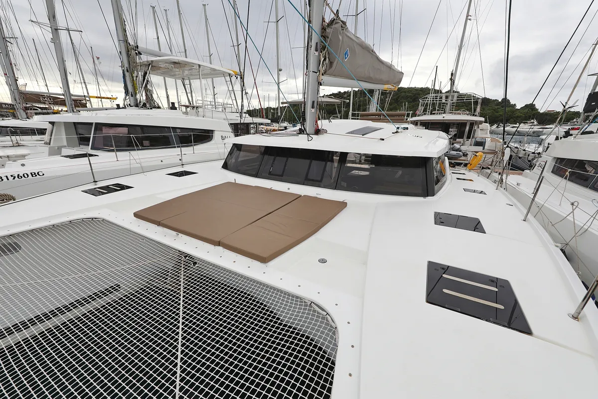 Deck of Martin V, a Fountaine Pajot Saona 47 Quintet catamaran at Općina Rogoznica, Croatia