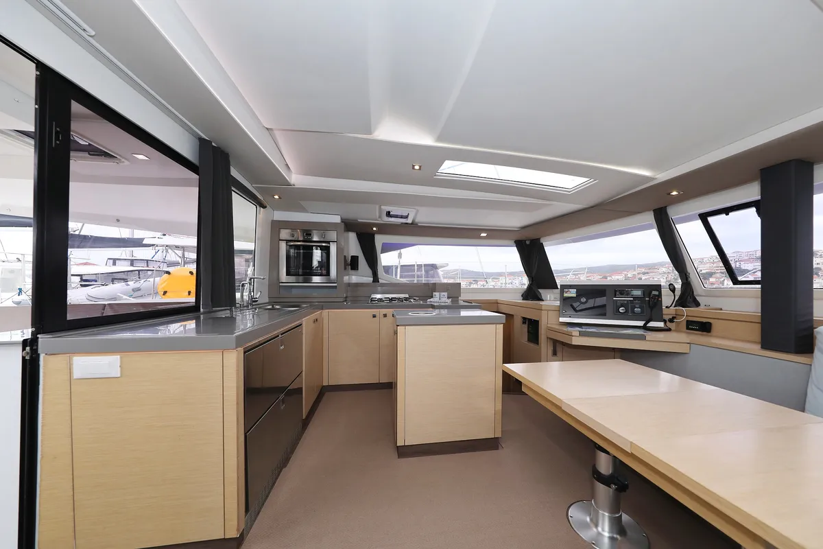 Galley of Martin V, a Fountaine Pajot Saona 47 Quintet catamaran at Općina Rogoznica, Croatia