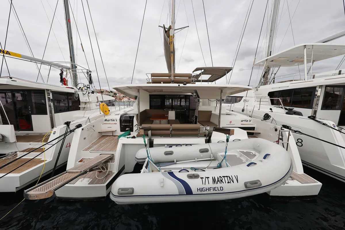 Exterior view of Martin V, a Fountaine Pajot Saona 47 Quintet catamaran at Općina Rogoznica, Croatia