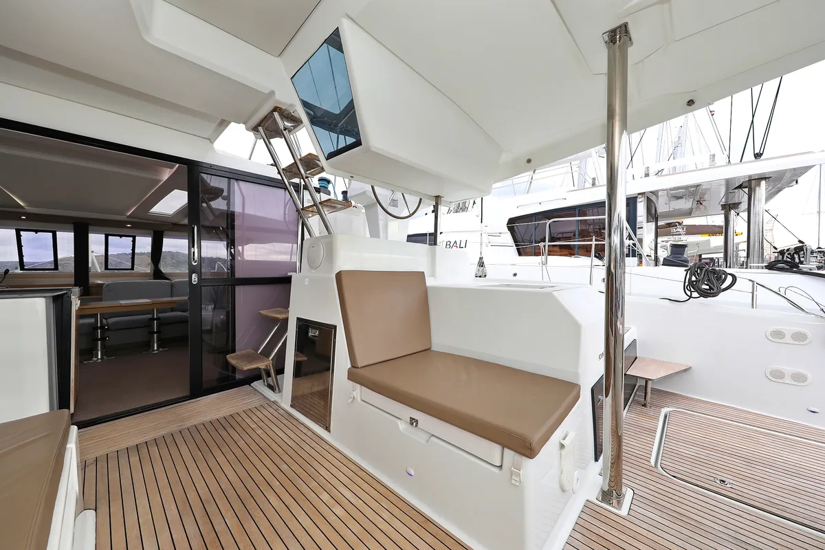 Deck of Martin V, a Fountaine Pajot Saona 47 Quintet catamaran at Općina Rogoznica, Croatia