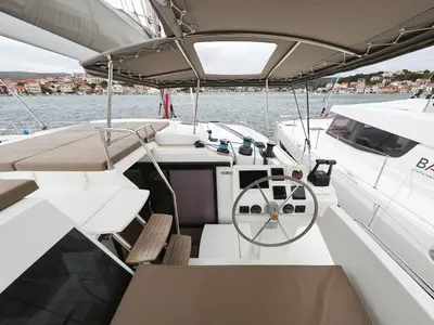 Cockpit of Martin V, a Fountaine Pajot Saona 47 Quintet catamaran at Općina Rogoznica, Croatia