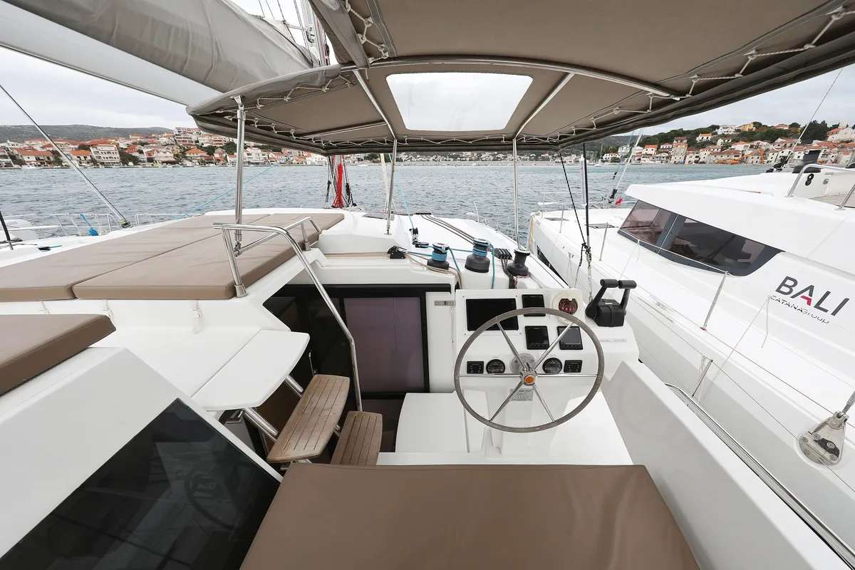 Cockpit of Martin V, a Fountaine Pajot Saona 47 Quintet catamaran at Općina Rogoznica, Croatia