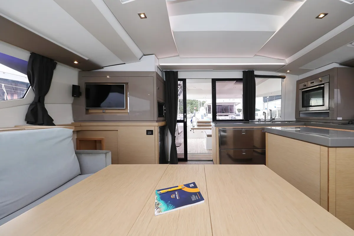 Salon of Martin V, a Fountaine Pajot Saona 47 Quintet catamaran at Općina Rogoznica, Croatia