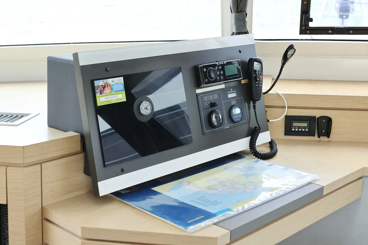 Cockpit of Martin V, a Fountaine Pajot Saona 47 Quintet catamaran at Općina Rogoznica, Croatia
