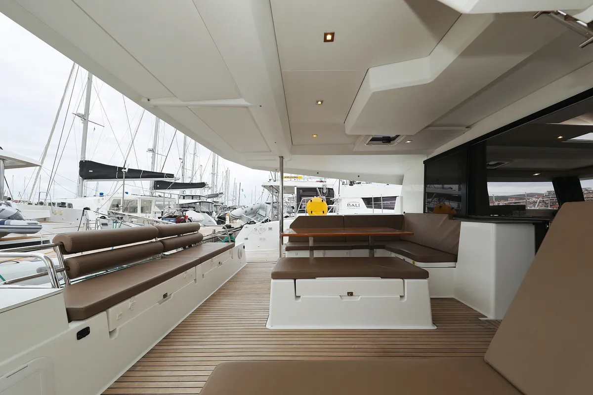 Deck of Martin V, a Fountaine Pajot Saona 47 Quintet catamaran at Općina Rogoznica, Croatia