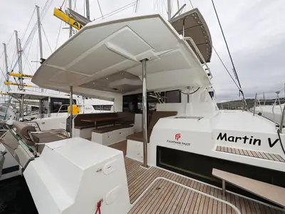 Deck of Martin V, a Fountaine Pajot Saona 47 Quintet catamaran at Općina Rogoznica, Croatia