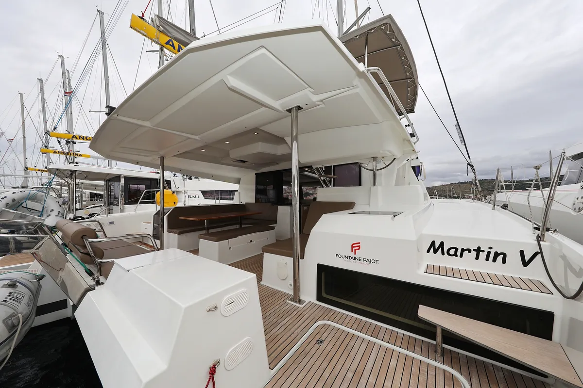 Deck of Martin V, a Fountaine Pajot Saona 47 Quintet catamaran at Općina Rogoznica, Croatia