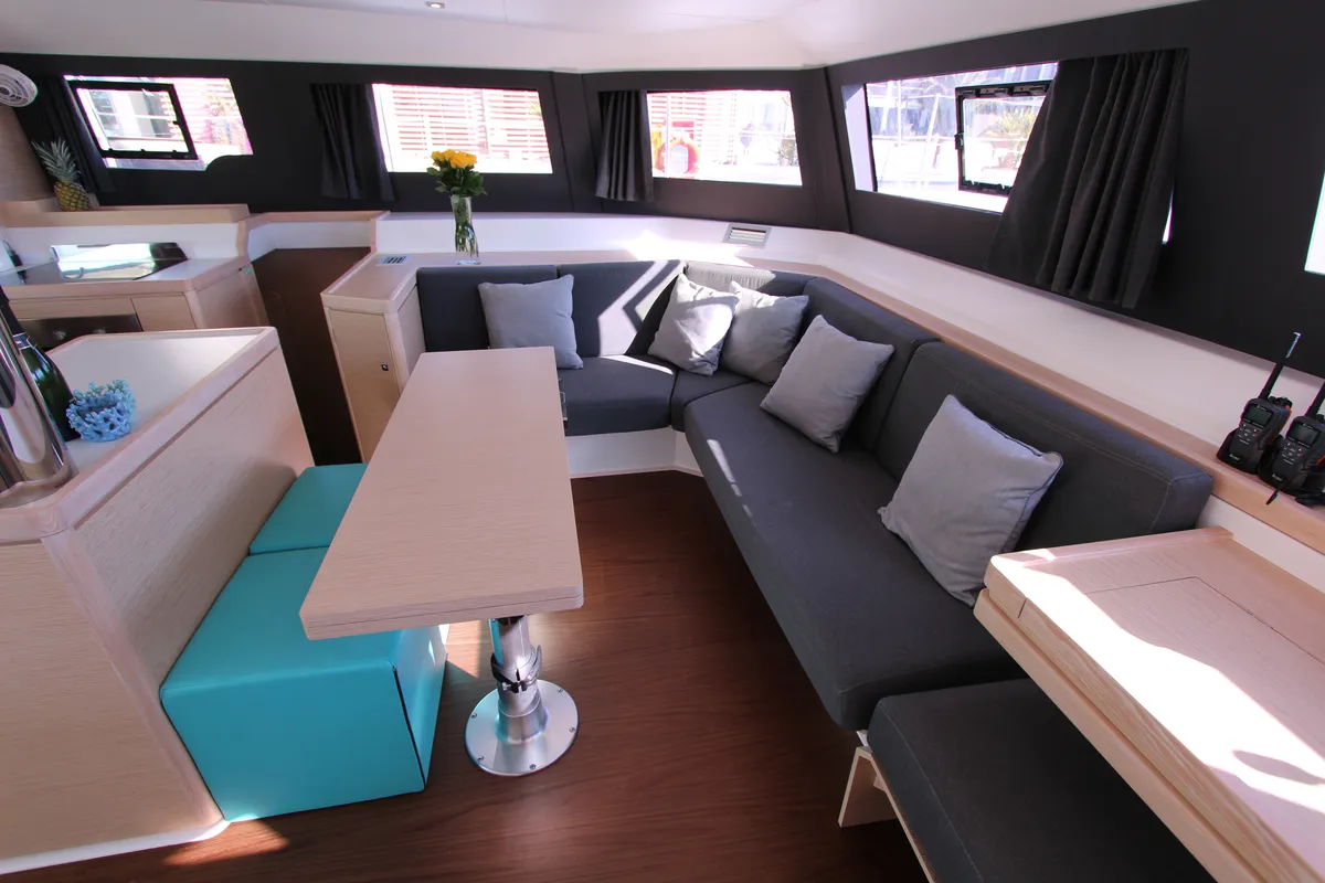 Salon of Amelie, a Dufour 48 Catamaran catamaran at Cecina, Italy