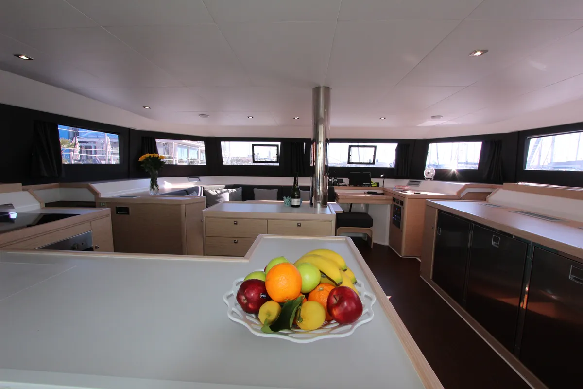 Salon of Amelie, a Dufour 48 Catamaran catamaran at Cecina, Italy